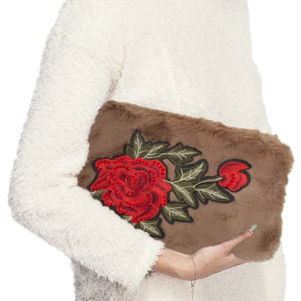 C.C Rose Patch Fur Clutch Bag
